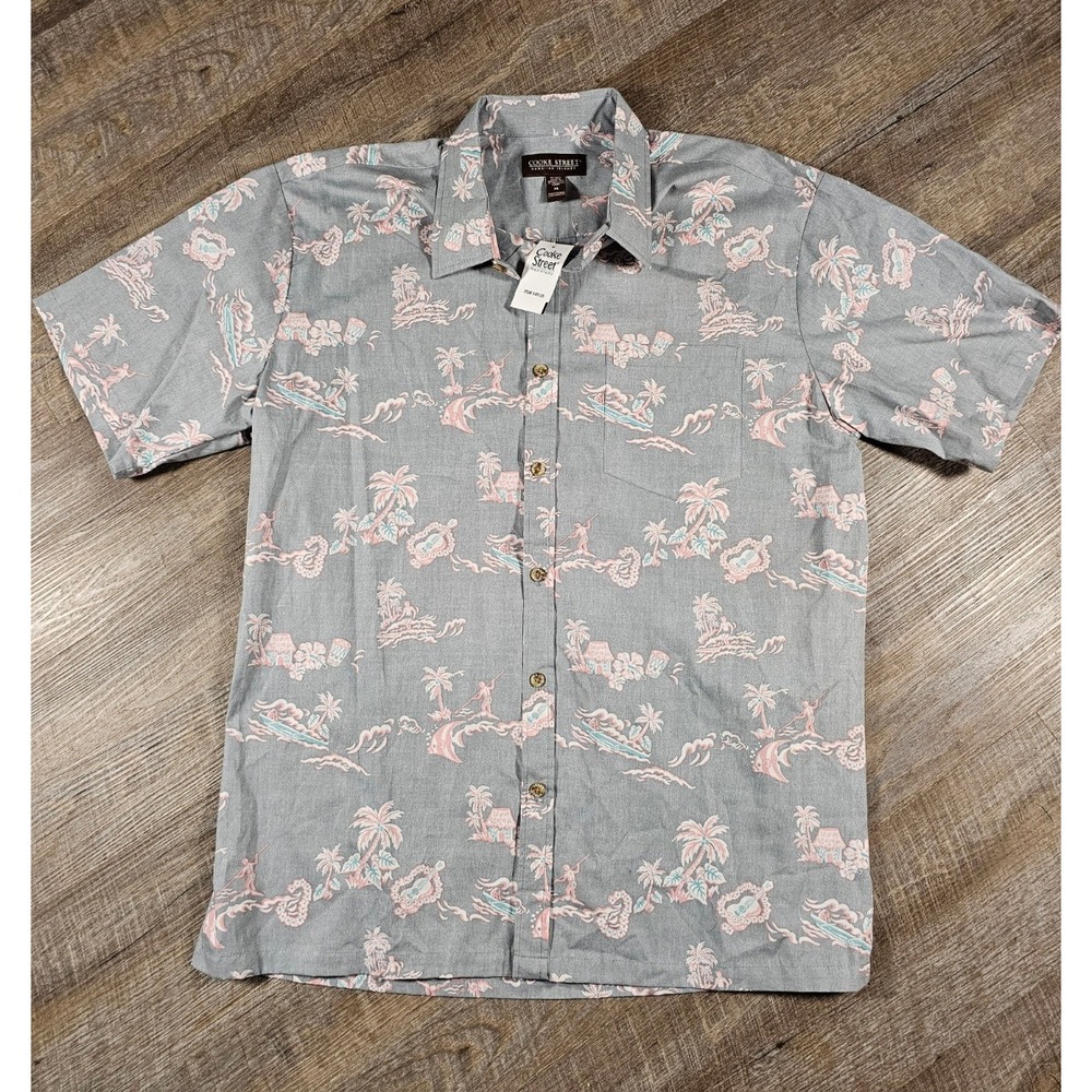 Cooke Street Honolulu Mens XL Grey Pink Hawaiian Island Print Button Down Shirt